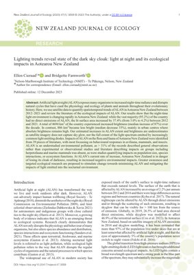 PDF Document Cover - Lighting Trends and Ecological Impacts of Artificial Light at Night in Aotearoa New Zealand